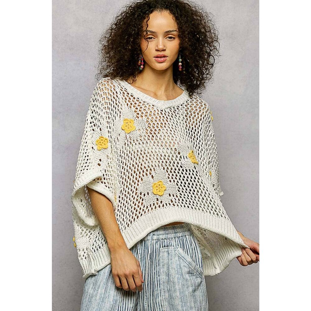 "Bloomin' Filly" Floral Patch Open Sweater Top Black - Picture 12 of 16